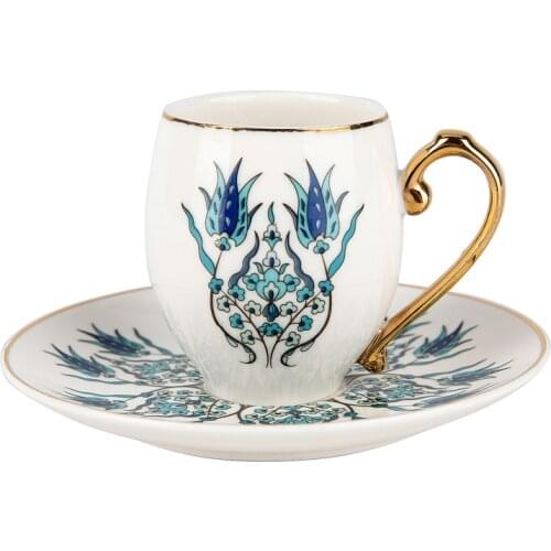 Karaca Iznik Porcelain Turkish Coffee Cups Boxed Set with 2 Cups and 2 Saucers Mugs Tea Coffeeware Glass Drinkware Specialized