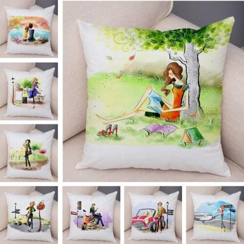 Fashion Lady Cushion Cover Decor Vogue Cartoon Travel Life Pillowcase for Sofa Home Car Soft Short Plush Pillow Case 45x45cm