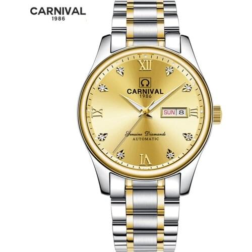 CARNIVAL Luxury Business Rhinestone Luminous Mechanical Watches Automatic Self Wind Men Date Calendar Watch Relogio 2021