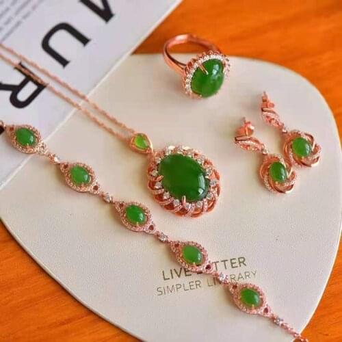 2020 New 925 Silver Inlaid Hetian Jasper Egg Pendant Earrings Ring Bracelet Four Sets of Jewelry Designed for Women Gifts