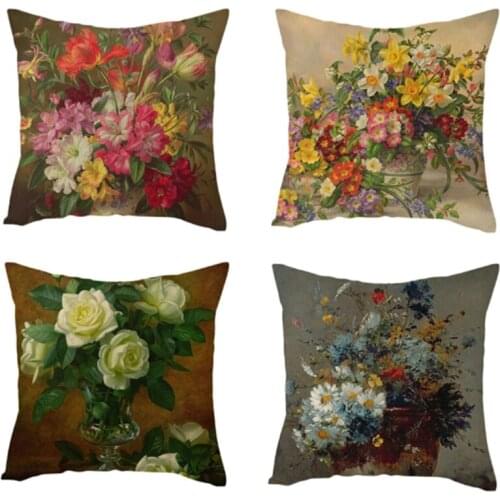 New Linen Flowers Paintings Cushion Cover Roses and Vase Orange Pomegranate Throw Pillow Cover Floral Pillowcases