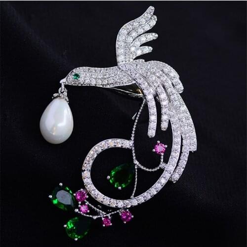 OKILY Elegant Silver-Color Zircon Phoenix brooch with Pearl Bird Animal Brooches Fashion Wedding Brooch Accessories for Women