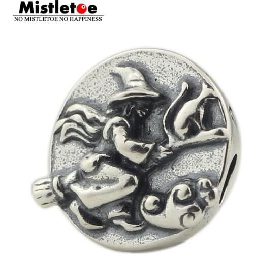 Mistletoe 925 Sterling Silver Broom Witch Charm Bead European Jewelry