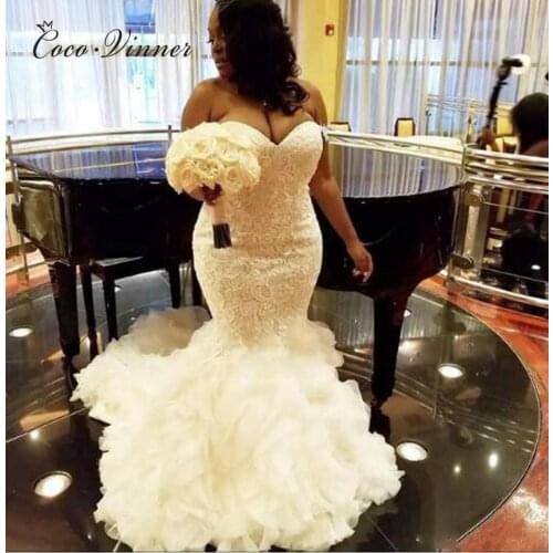 Africa Pure White Mermaid Wedding Dresses Elegant Lace Embroidery Wedding Gowns Plus size mariage New Wedding Dress W0381