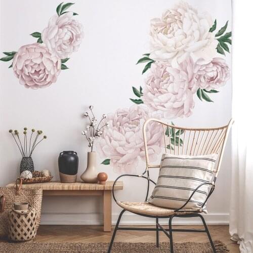 Poeny-Light Pink Flowers And Leaves Wall Sticker Living Room Bedroom Decoration Corridor Large Stickers Self-Adhesive Wallpaper