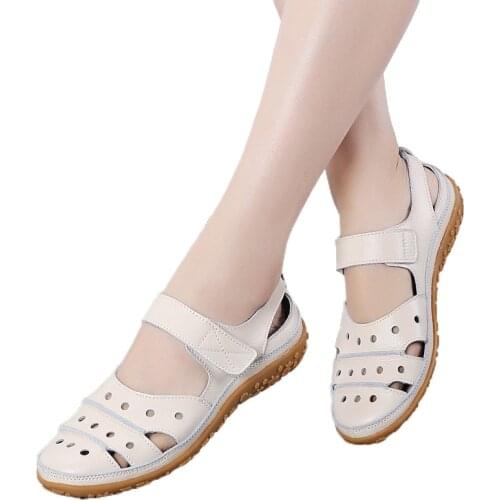 NEW Brand Mother Womens Female Ladies Genuine Leather White Shoes Sandals Hook Loop Summer Cool Beach Hollow Soft Nurse Shoes