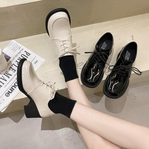 Retro School Shoes Platform Heeled Derby Shoes Women Wide Fit Lace-Up British Oxfords Zapato