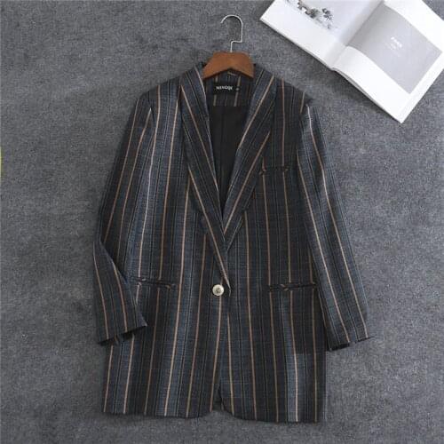 2020 New Women Blazer Stripe Business Suits Spring Autumn Long-sleeve Pocket Blazers Jackets Female Outerwear Plus Size 3XL P589