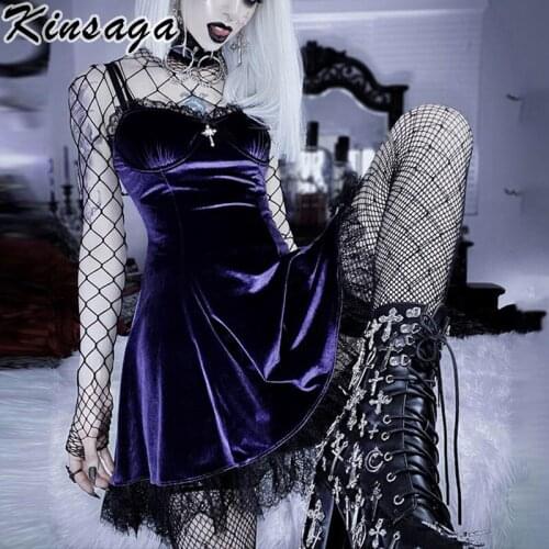 Black Mall Goth Aesthetic Velvet Vintage Lolita Mini Dresses Punk Gothic Lace Patchwork A-line Dress Women Fairy Grunge Dresses