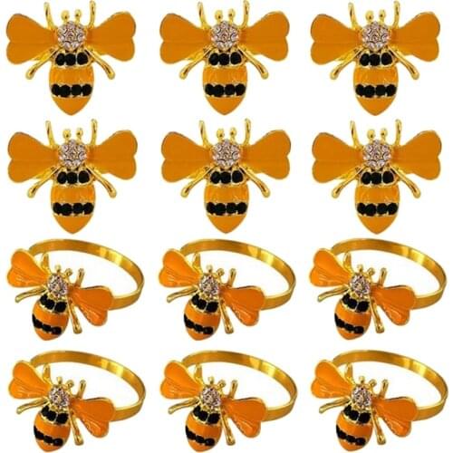 12Pcs Beautiful Bee-Shaped Napkin Ring, Napkin Ring with Oil Drops and Diamonds,Table Decoration