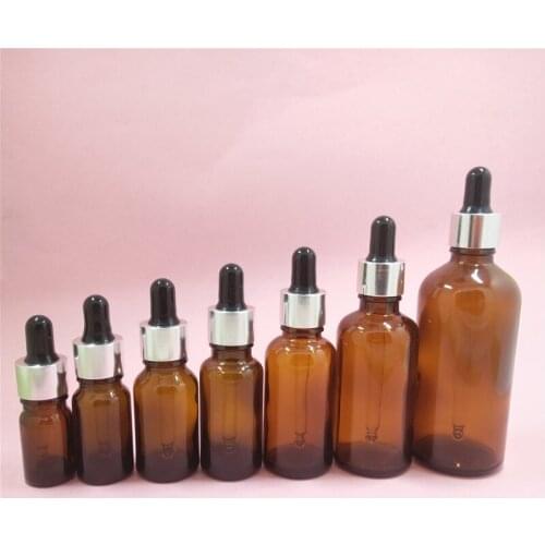 2/10pcs 5/10/15/20/30/50/100ml Empty Amber Glass Essential Oil Dropper Bottle & Aluminum Dropping Cover Black Rubber Glue head