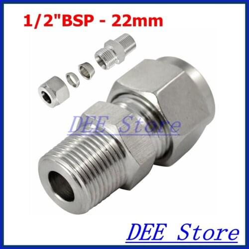 2PCS 1/2"BSP Thread x 22mm ID Double Ferrule Tube Pipe Fittings Threaded Male Connector Stainless Steel SS 304