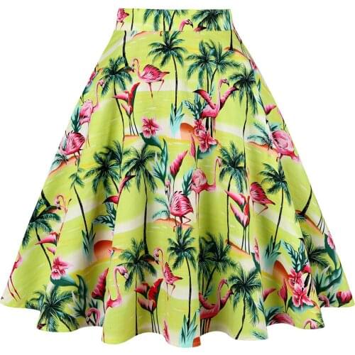 2021 Summer Flamingo Floral Print Women Skirt Ladies Yellow 50s 60s Swing Retro Vintage Cotton Skirt Plus Size