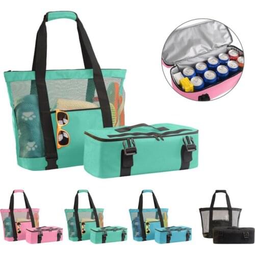 2021 Portable Mesh Beach Net Bag Thermal Insulation Beach Handbag Double Layers Tote 34L 150lbs Lunch Food Storage Bag Travel