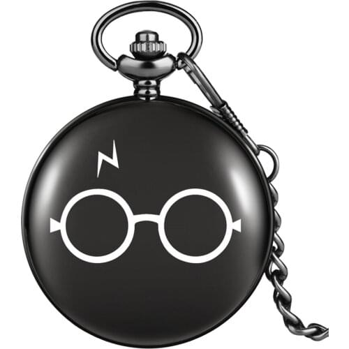 Black Harajuku Harry Lightning Glasses Printing Quartz Pocket Watch Necklace Flash Glasses Graphic Pendant Chain Antique HP Gift