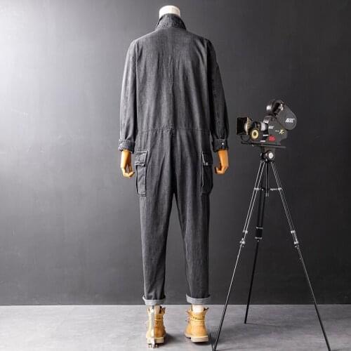 Men Vintage Denim Jumpsuit Casual Multi-Pockets Cargo Pants Fashion Blue Single Breasted Loose Long Sleeve Overalls M-2XL