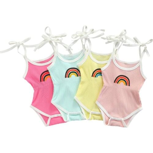 Baby Camisole Romper with Elastic Waist, Rainbow Pattern Print Cool Casual Style Summer Clothing