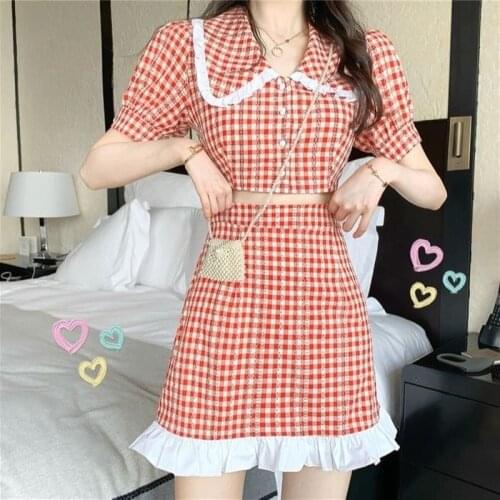 Summer Two Piece Set Women Korean Kawaii Plaid Crop Top + Mini Skirt Casual slim fit Japan Style elegant Sweet Set women 2020