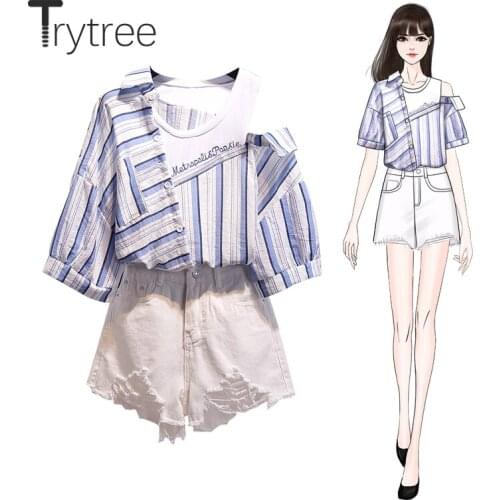 Trytree 2020 Summer Women Two Piece Set Casual O-neck Patchwork Stripe Blouse Tops + Shorts Denim Hole Fashion 2 Piece Set
