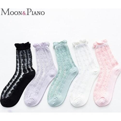 Sweet Girl Socks New Comfortable Breathable Thin College Style Casual Women Fashion Transparent Vertical Stripes Lace Socks