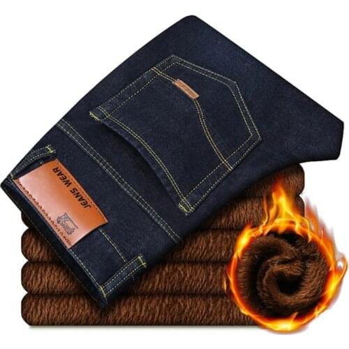2021 New Men Warm Jeans High Quality Famous Brand Autumn Winter Jeans Thicken Fleece Men Jeans Long Trouser Men 28-40