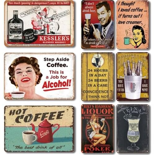 Nostalgic Whiskey Bar Metal Tin Sign Vintage Hot Coffee Tinplate Poster Personality Coffee Bar Kitchen Decor Plaque Wall Plates