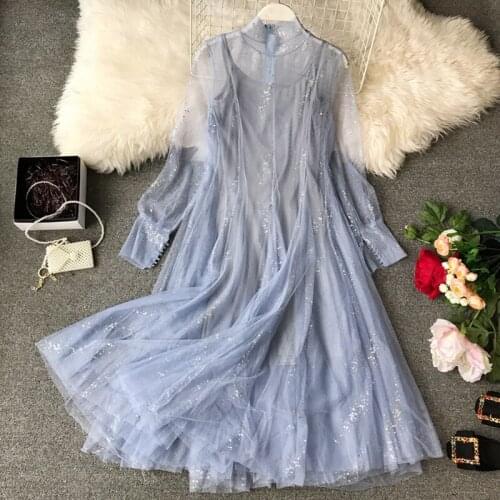 2021 New Fashion Super Fairy Chic Spring Womens Dress Glitter Sequin Mesh Long Sleeve Dress Female Two-piece Set Sweet Dress