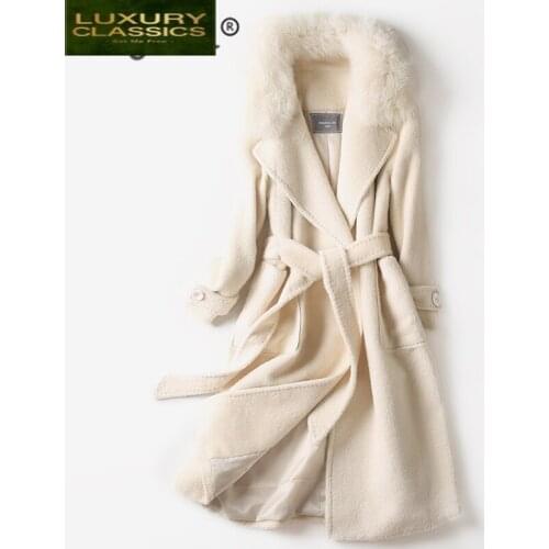 Coat Female Fashion Winter Real Fur Coat 2021 Ladies Sheep Shearing Jacket+real Fox Fur Collar Korean Alpaca Jacket 8010