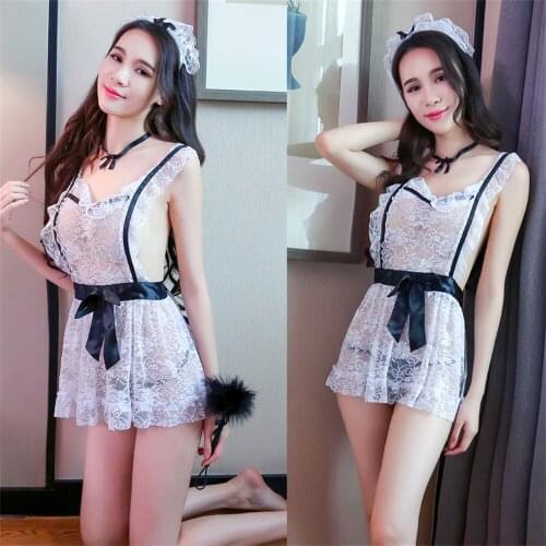Hot Selling Sexy Maid Uniform Temptation Role Playing Perspective Hollow Bow Pajamas Cosplay Lace Hot Sexy Lingerie