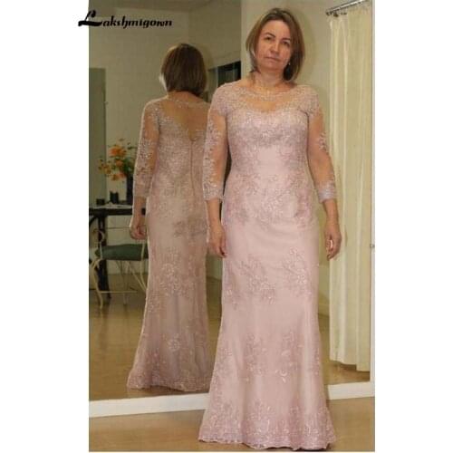 2021 Illusion Mother Of The Bride Dresses Scoop Neck Lace Applique Tulle Long Sleeves Mother Dress Plus Size Party Dress Wedding