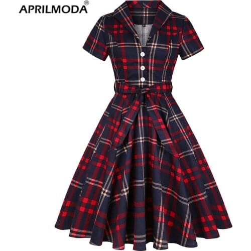 Retro Vintage Women Summer Women Dress 2021 Plaid Printed England Style Large Size Sundress 50s 60s Pin Up Swing Casual Dresses