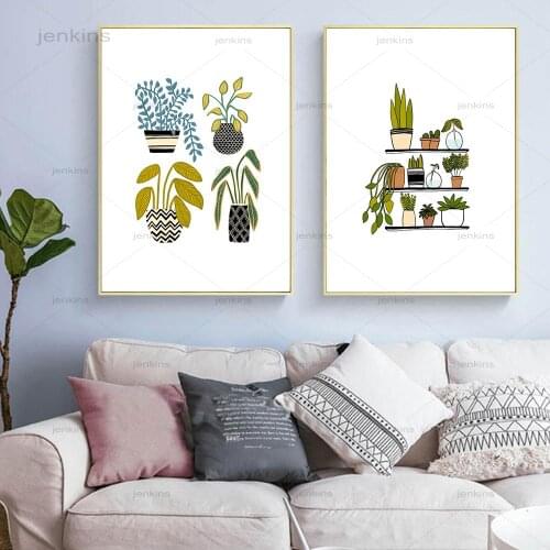 Simple Shelves Houseplants Poster Green Potted Plants Decorative Pictures Modern Wall Art Paintings for Living Room Home Decor