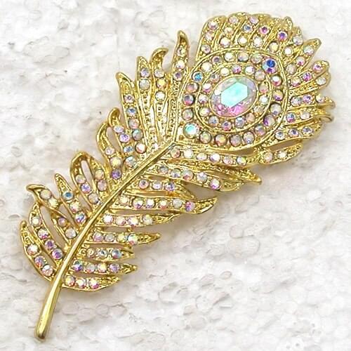 Clear AB Rhinestone Feather Pin brooches Wedding party prom jewelry C384 F2