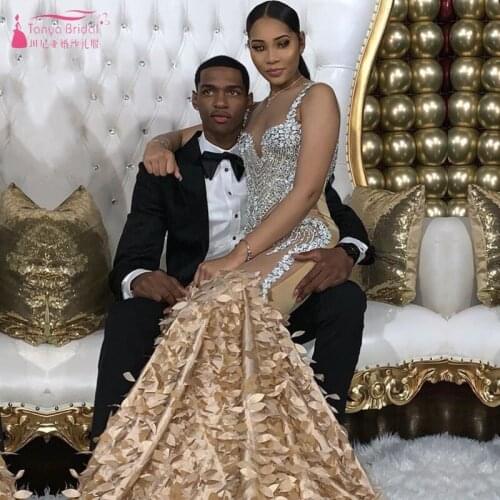 Luxury Beading Fashion Bling Mermaid Prom Dresses Black Grils Elegant collocation Leaves Sexy Evening Party Gowns W051