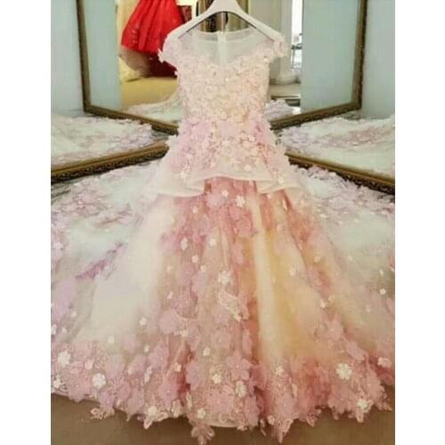 Luxury Flower Girls Dresses 3D Appliques Lace Long Train Girls Pageant Gown Children Birthday Party Dress