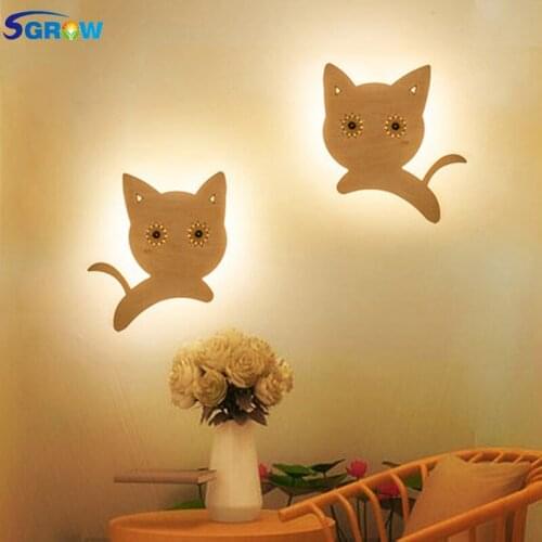 SGROW Creative Wooden Cats Wall Lamp Children Cartoon Lovely Lights for Bedroom Dinning Room Aisle Stairs Wall Sconce LED Light