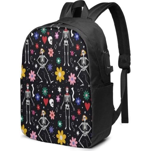 School Laptop Backpack Hand Drawn Day Of Dead Skull 17 inch Travel Multi USB Charger Bag