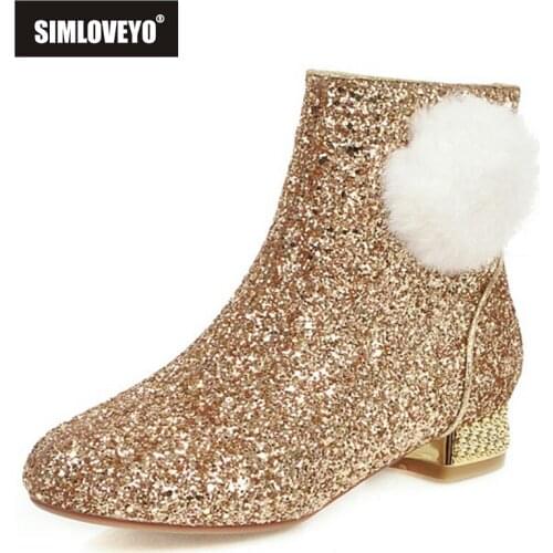SIMLOVEYO Sweet Short Plush Princess Ankle Boots Feathers Crystal Glitter Round Toe Shiny Zip 2.5cm Heel US12 Silver Black A4215