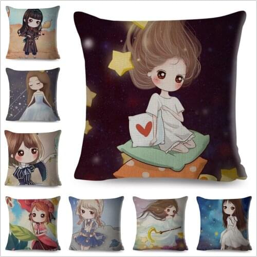 Cute Cartoon Beautiful Girl Star Pillow Case Linen 45*45 Decor Cartoon Girl Cushion Cover for Sofa Home Throw Pillowcase