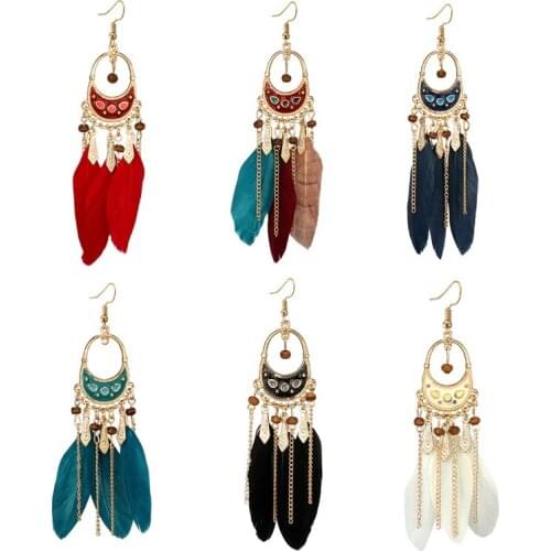 Boho Long Drop Tassel Earrings For Women feather Vintage Ethnic Gold Rainbow Earring Wedding Statement Fashion Jewelry Femme