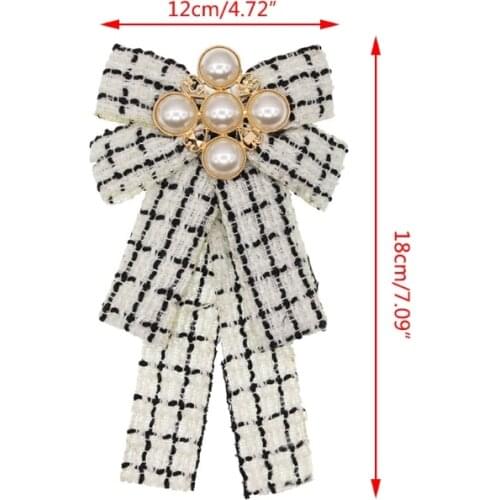 Women Vintage Elegant Plaid Striped Print Pre-Tied Neck Tie Brooch Imitation Pearl Jewelry Ribbon Bow Tie Corsage for Shirt Y1AC