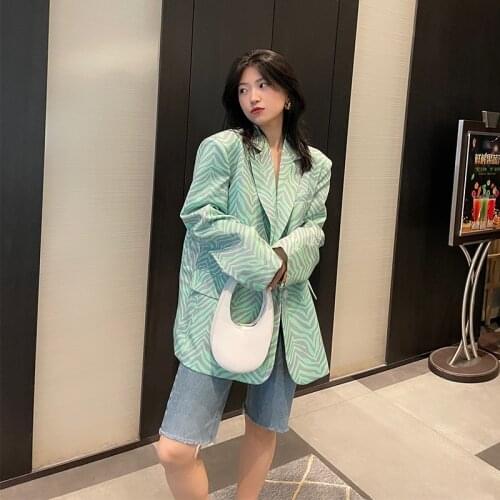Fashion Spring Autumn Zebra Print Blazer Women Vintage Korean Notched Single-Breasted Loose Green Coat Female Suit Jacket H1532