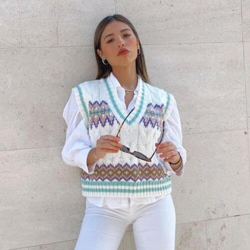 MEIYANGYOUNG Agryle Print Knitted Sweater Vest Women Sleeveless Vintage Short Top Autumn Winter White Waistcoat Pull Femme