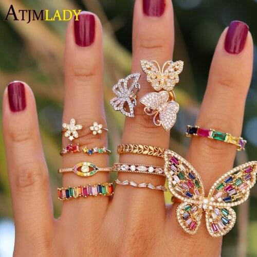 Rainbow colorful cz paved cute animal butterfly finger ring pastel color Open adjustable women Knuckle midi resizable jewelry