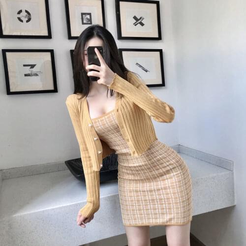 Womens Autumn New Short Coat + Sexy Retro Plaid Sling Bag Hip Dress Knitted Two-Piece Sets Female