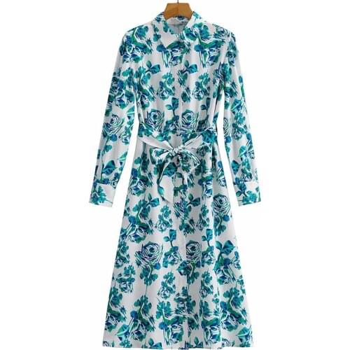 YENKYE Elegant Women Blue Flower Print Long Shirt Dress Female Lapel Collar With Belt Casual Autumn Dress A-line Vestido