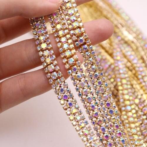 1 yard 3 Rows Crystal AB Rhinestone Cup Chain Gold Base With Claw Party Dress Decoration Trim Applique Sew on Garment Bags