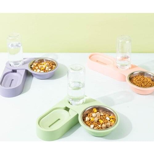 2 in 1 Pet Automatic Water Dispenser Detachable Stainless Steel Dog Cat Feeder Bowl Water Bottle Cat Kitten Corner Feeding Dish