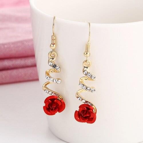 2020 Womens Fashion Jewelry Ethnic Red Rose Drop Earrings Big Rhinestone Earrings Vintage For Women Gold Spiral Dangle Earrings