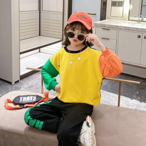 2021 Girls Clothing Sets Long Sleeve Patchwork Sweatshirt+Pants 2Pcs Autumn Kids Sportwear Children Clothes Suits 4-12 Years